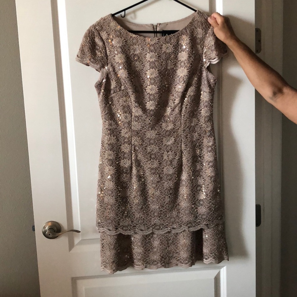 Taupe lace and sequin cocktail dress